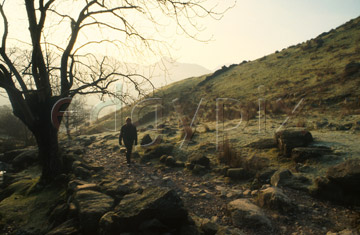 Comp image : ld00719 : A walker starting the climb up to Stickle Tarn from Great Langdale, in the English Lake District, in misty winter sun