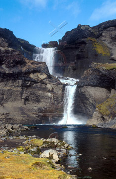 Comp image : torf1022 : The &Oacute;faerufoss [Ofaerufoss] waterfall, in the Eldgj&aacute; [Eldgja] region of southern Iceland